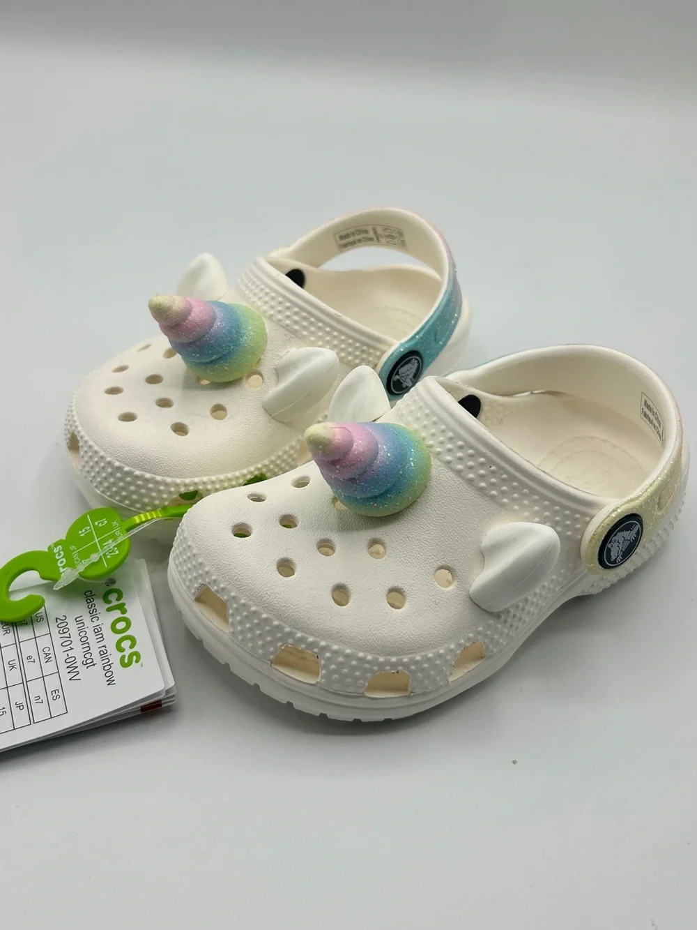 Crocs Kids White Unicorn Clog Sandals with Pastel Rainbow Horns
